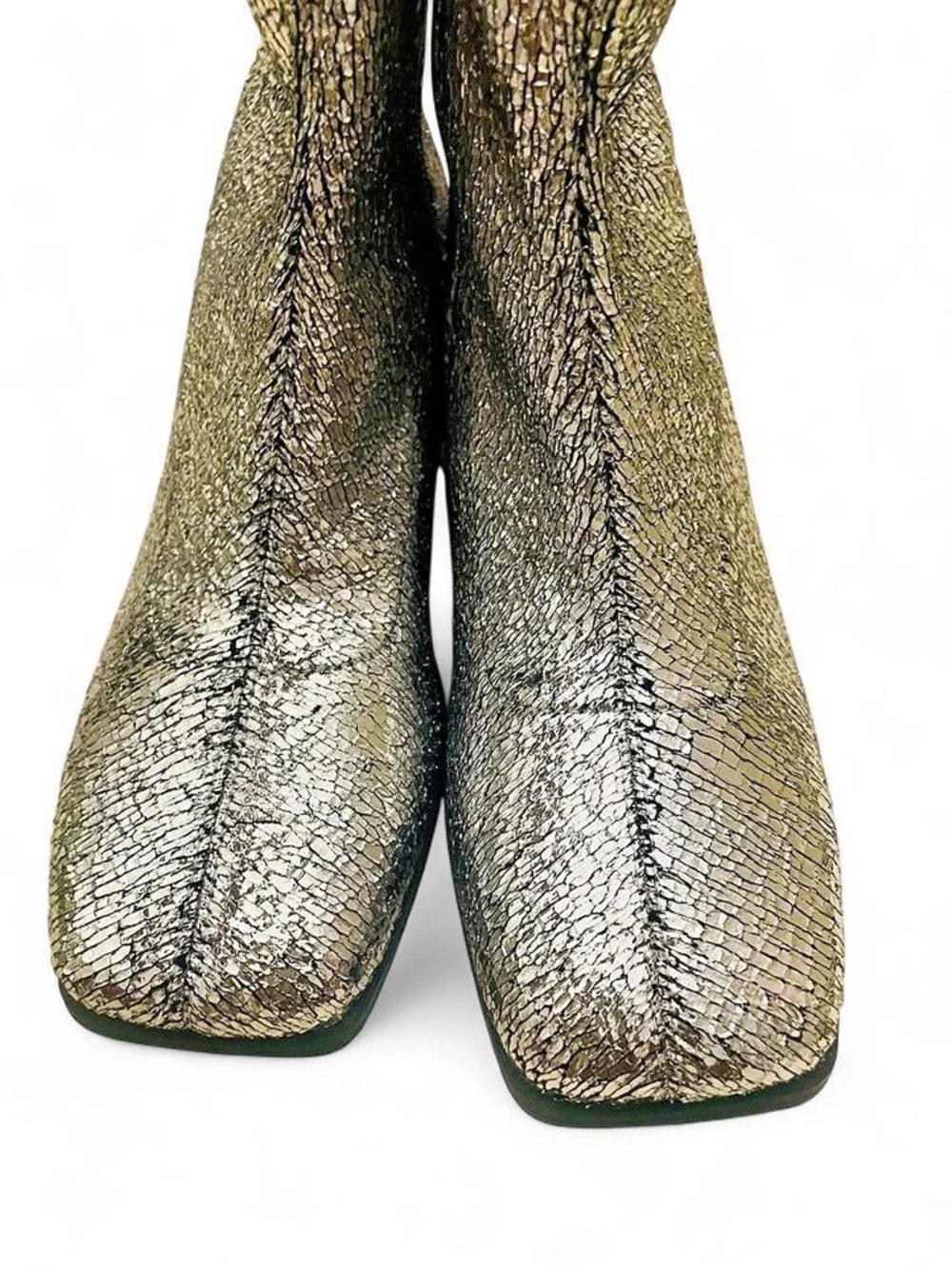 Katy Perry Lolette Silver Metallic Stretch Ankle Block Heel Boots NWOB